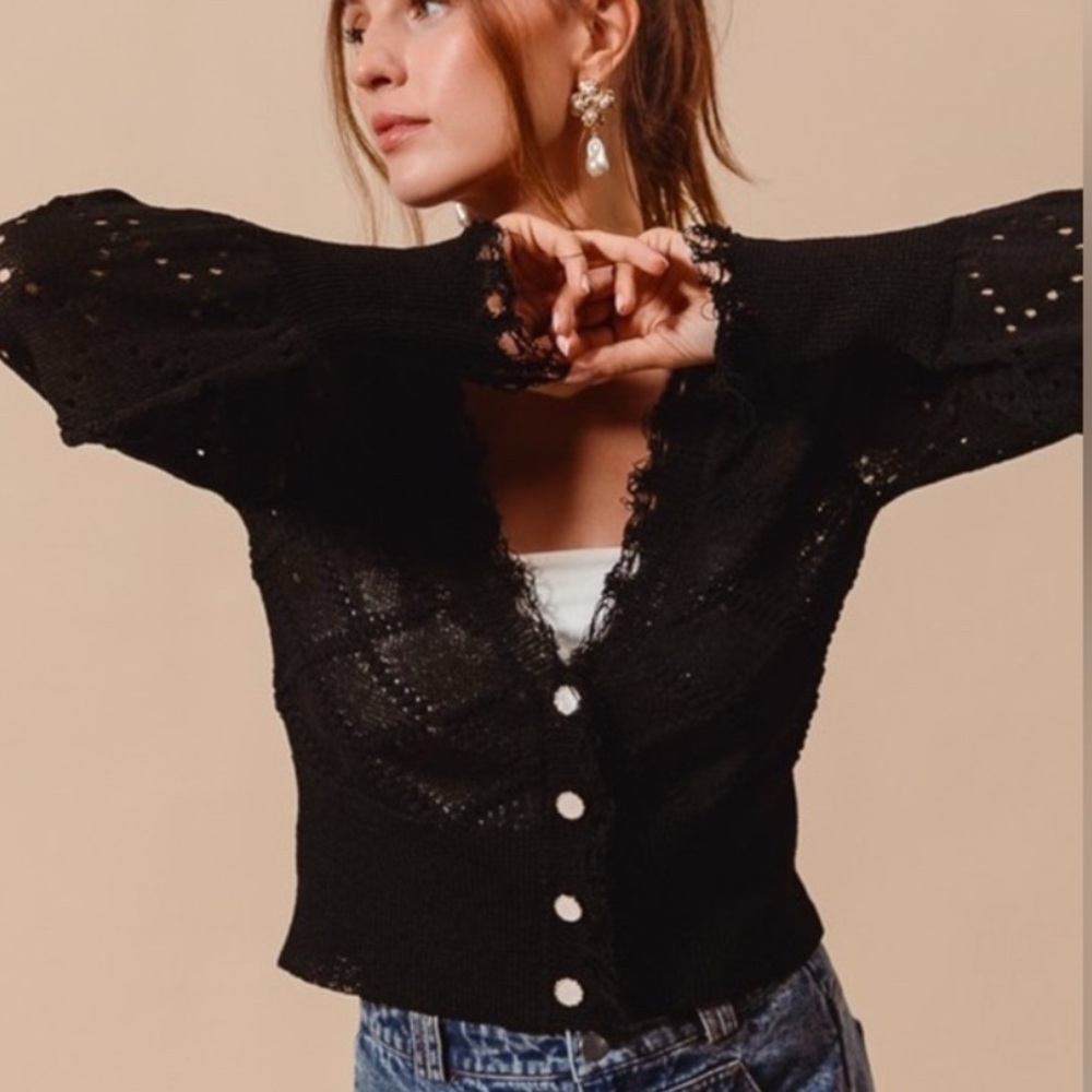 Elegant Black Lace Trim Cardigan - Picture 2 of 3